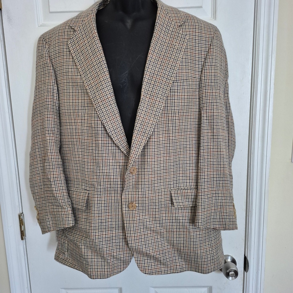 Austin Reed Silk Wool Houndstooth Sport Coat Blazer Mens 42R Tan Brown USA